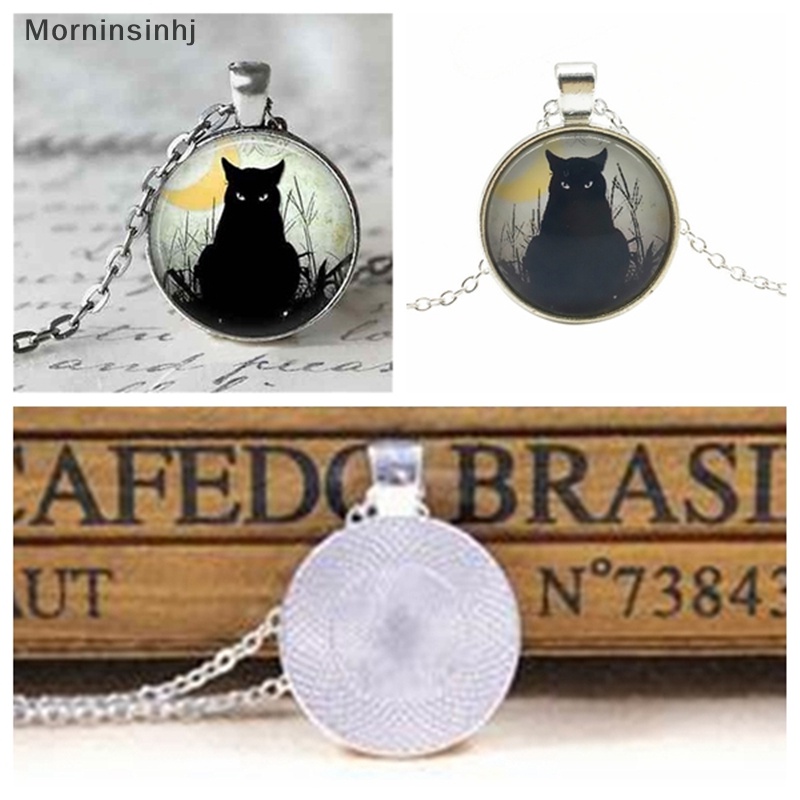 Mornin Chic Wanita Vintage Black Cat Cabochon Silver Plated Rantai Kaca Liontin Kalung id