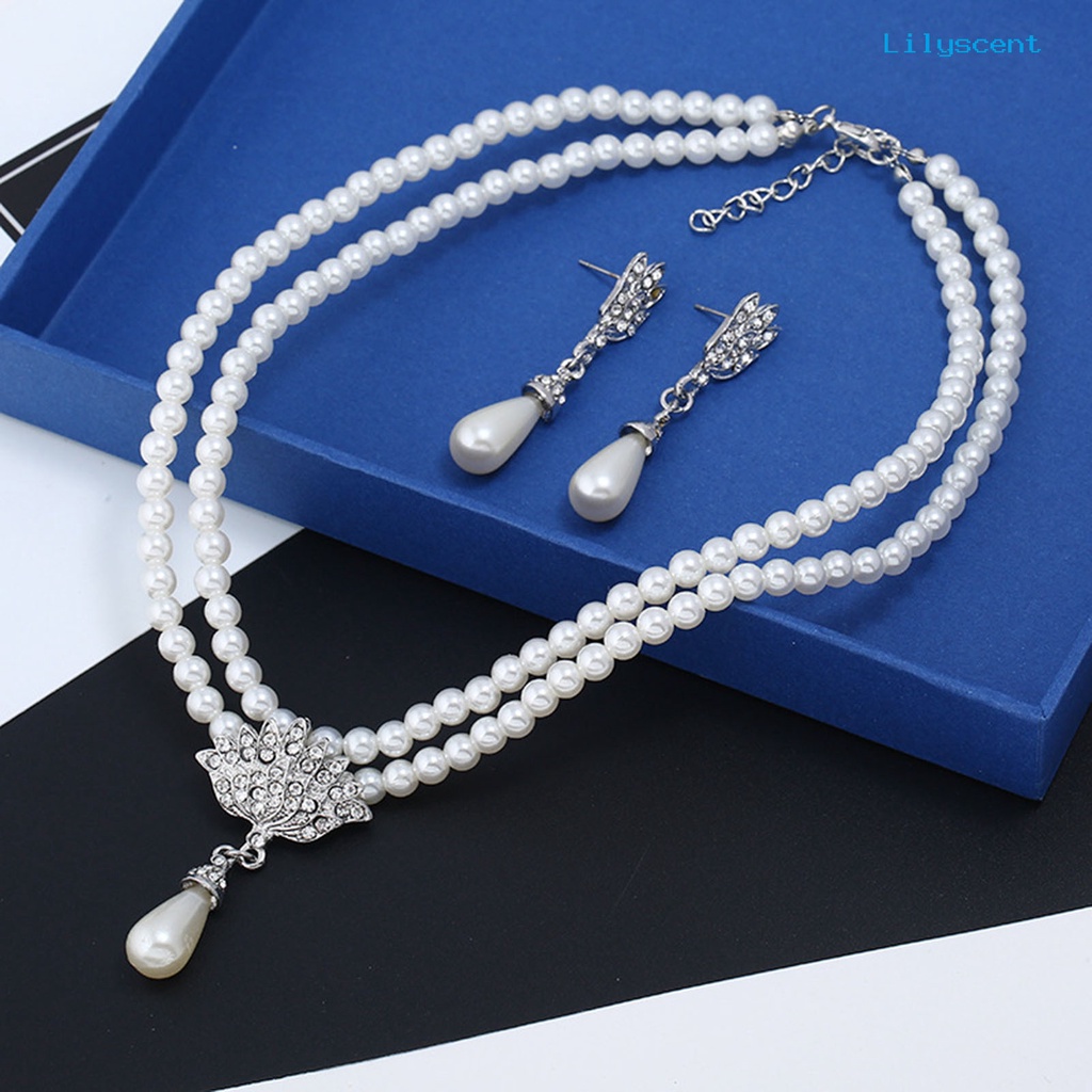 [LS]1 Set Kalung Anting Pengantin Dua Lapis Mutiara Imitasi Perhiasan Adjustable Tahan Lama Stud Earrings Necklace Untuk Pernikahan