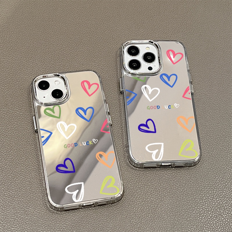 IPHONE Casing Ponsel Cermin Hati Warna-Warni Kompatibel Untuk Iphone11 12 13 14 12Pro 13Pro 14Pro Pro Max XR X XS Max Electroplating Tombol Perlindungan Mirror Cover