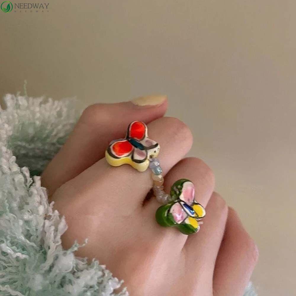 Cincin Elastis Sweet Retro Untuk Anak Perempuan Manik-Manik Kristal Geometris Vintage Knuckle Ring