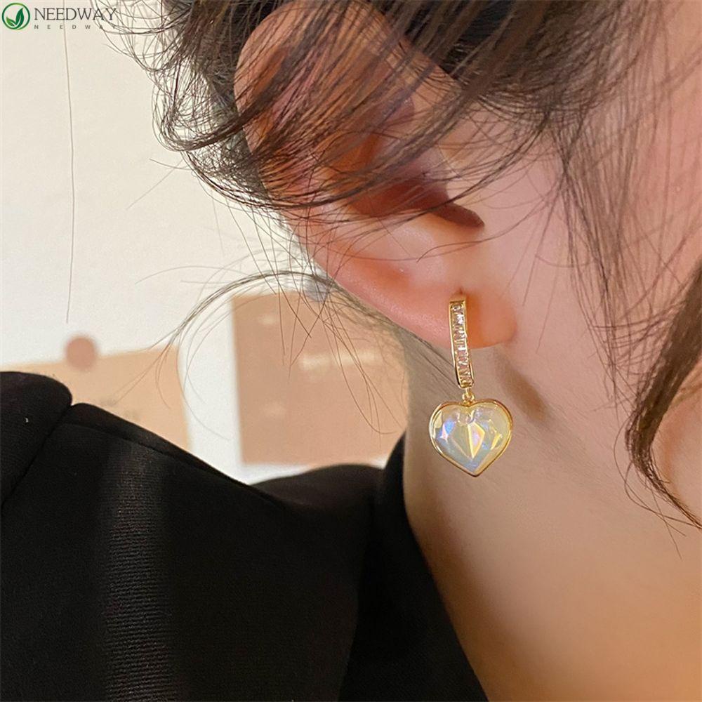 NEEDWAY Needway Wanita Anting Hoop Trendi Hati Manis Tergantung Temperamen Zirkon Menjuntai Drop Earrings