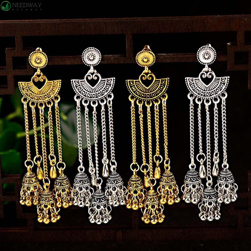 NEEDWAY Needway Giwang Anting Rumbai Panjang Elegan Vintage Lonceng Gipsi Hadiah Wanita India Jhumka Drop Earrings