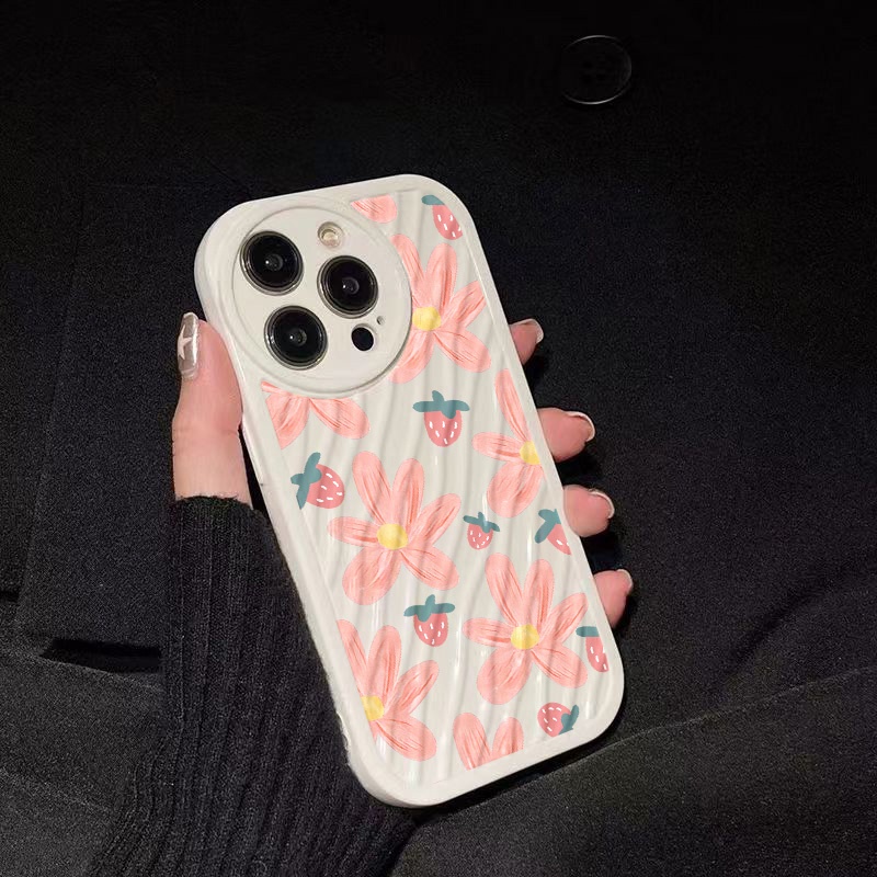 IPHONE Lukisan Strawberry Bunga Pink Riak Air Casing Ponsel Kompatibel Untuk Iphone11 13 12 14 Pro Max14 Plus XR X XS MAX 7Plus 8Plus 7 8 SE 2020 2022 Sarung Tahan Guncangan