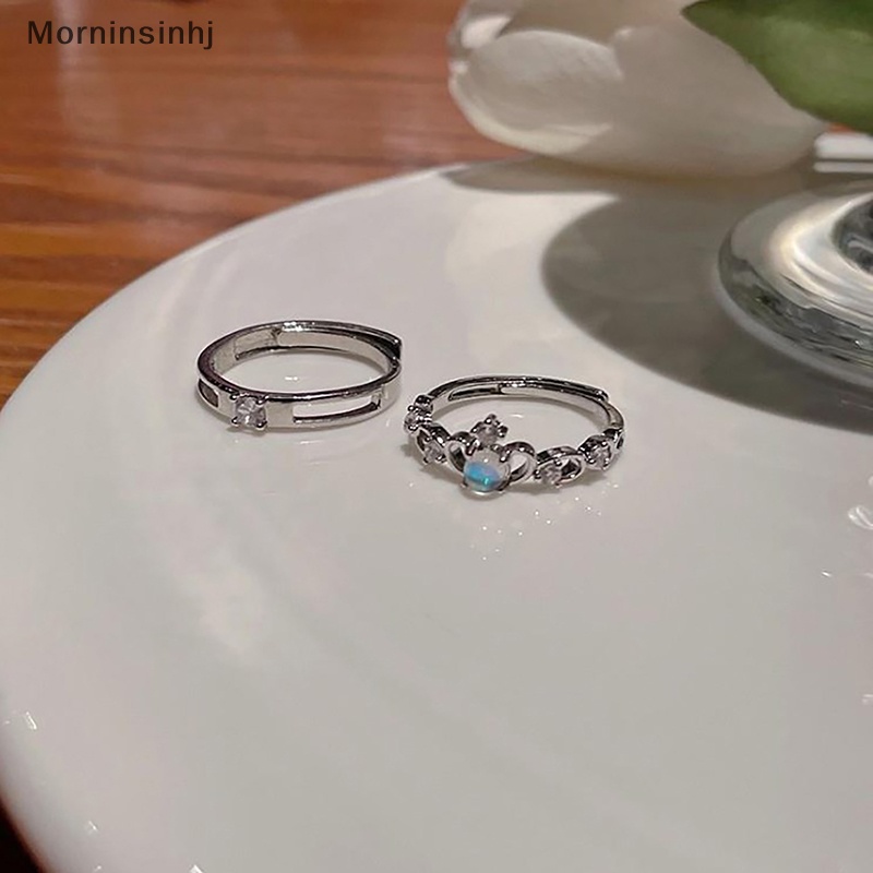 Mornin Cincin Pasangan Mahkota Moonstone Romantis Untuk Wanita Pecinta Warna Silver Zircon Moonlight Adjustable Open Ring Hadiah Perhiasan Pernikahan id