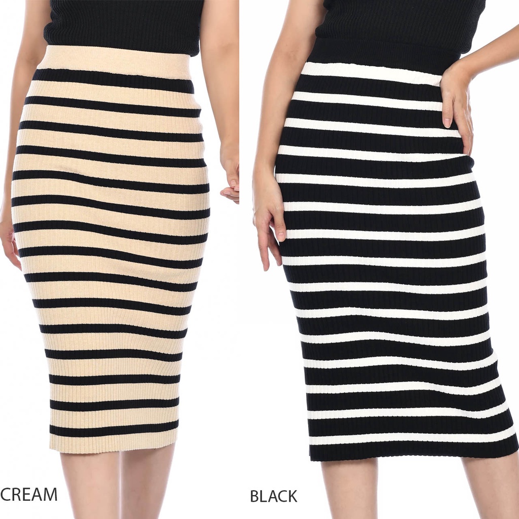 (R270) Rib midi skirt knit motif stripe 70cm / rok rajut midi garis