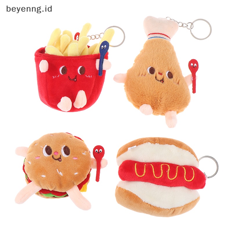 Beyen 1Pc Makanan Plush Gantungan Kunci Hamburger Hot Dog French Fries Boneka Liontin Mainan ID