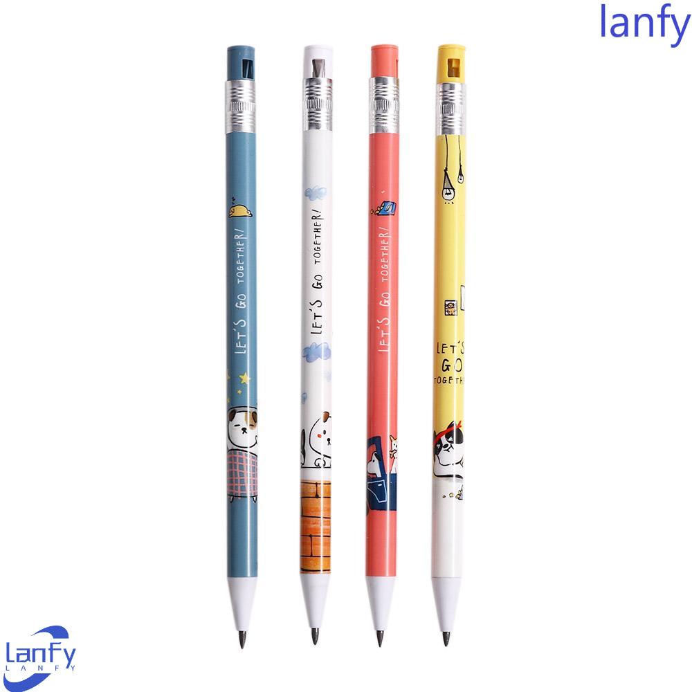 LANFY 4 Pcs Pensil Mekanik 4 Pcs Alat Tulis Press Pen Lucu Siswa Anjing Anjing Pensil Otomatis