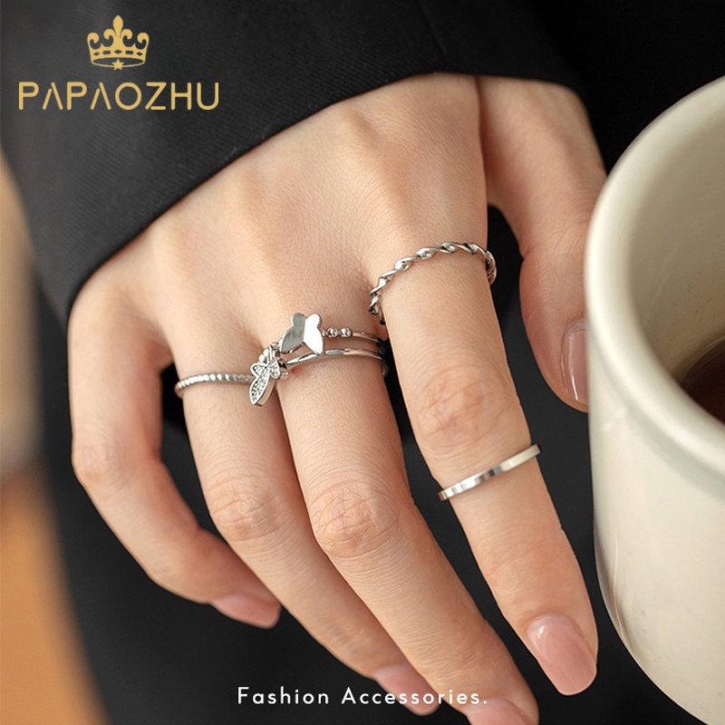 Papaozhu 4 Pcs Bergaya Zirkon Bersinar Perak Kupu-Kupu Terbuka Cincin Untuk Wanita Perempuan Sederhana Memutar Dapat Ditumpuk Cincin Set Keren Jari Aksesoris