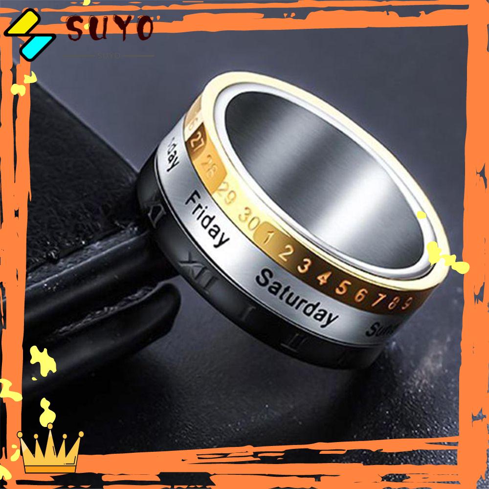 SUYO Cincin Angka Romawi Fashion Vintage Spinner Kalender Tanggal Waktu Bahan Titanium Steel 3bagian