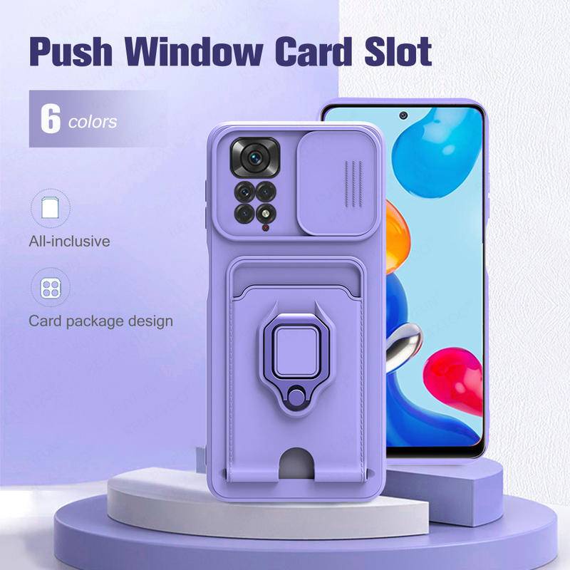 Untuk Xiaomi Mi 11 Lite 11T 12T Pro 11i Lensa Kamera Push Window Protector Case Untuk Redmi A1 Plus K50 Ultra Note 11 Pro Plus Slot Kartu Magnet Ring Stand Cover