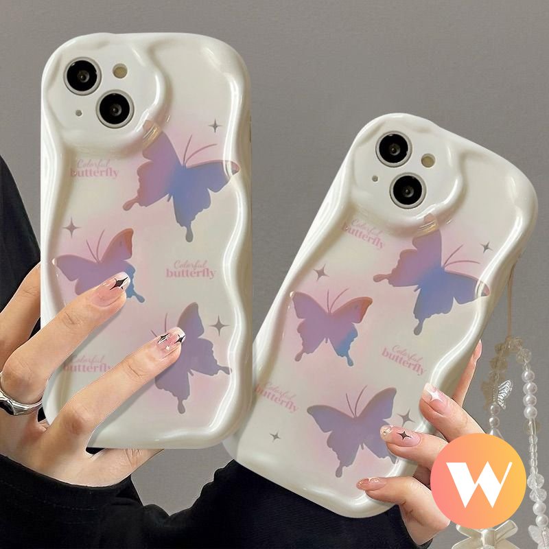 IPHONE Case Tepi Melengkung Bergelombang 3D Kompatibel Untuk Iphone7 8 Plus XR 6 6s X XS Max SE 2020 11 13 14 12 Pro Max INS Korea Glitter Fantasy Butterfly Case Dengan Lanyard Rantai Mutiara