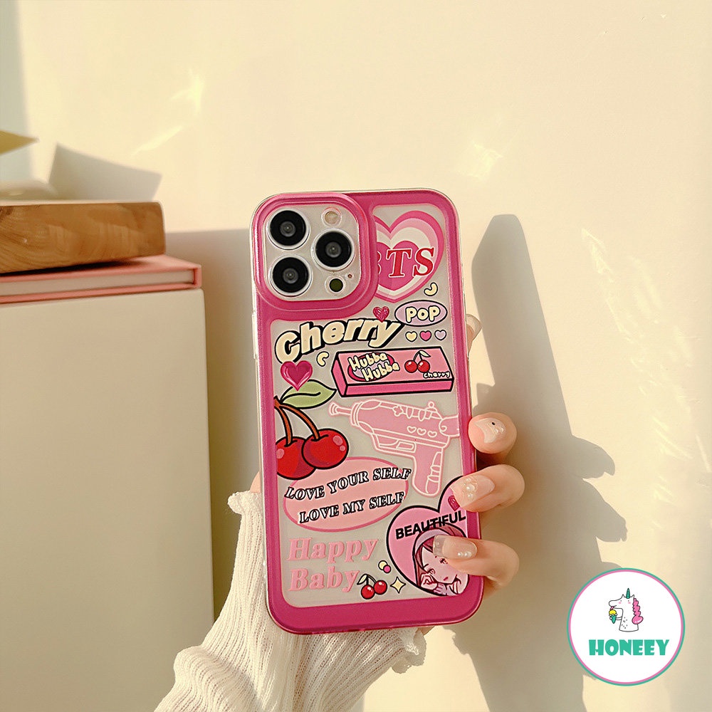 Ins Pink Graffiti Love Cherry Phone Case Kompatibel Untuk Iphone14 Pro Max12 13promax Case iPhone 11xr XS 7 8Plus Bening Lembut Shockproof Back Cover