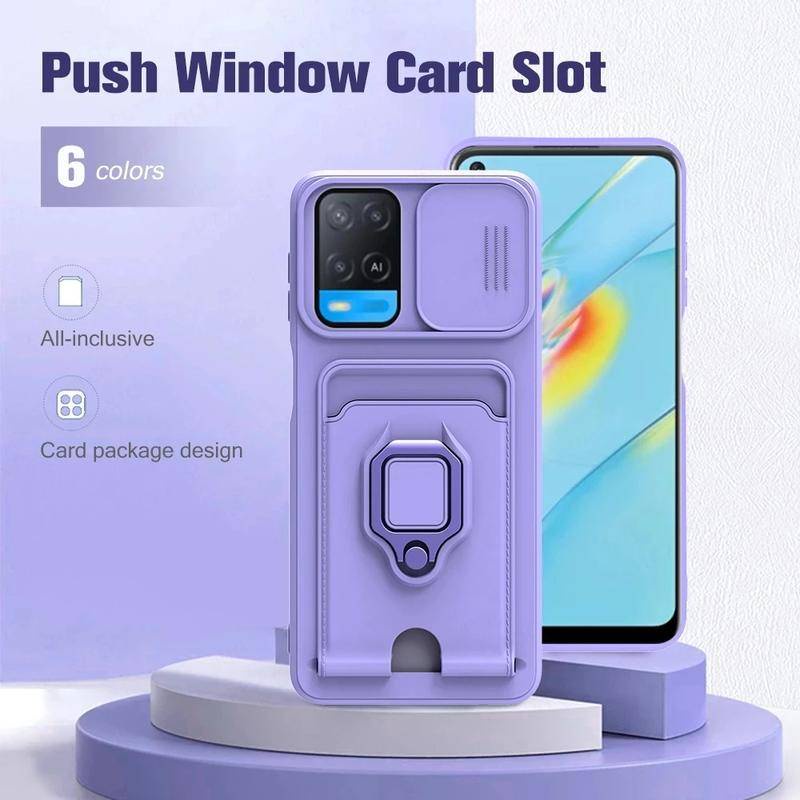 Slide Kamera Card Ring Holder Phone Case Untuk OPPO Reno6 5 Lite 5Z 6Z Realme C20 C21 C11 Slot Kartu Stand Holder Cover Untuk OPPO A54 A16 A55 A53S A74 A35 A15 A95 A94 F19 Pro Plus