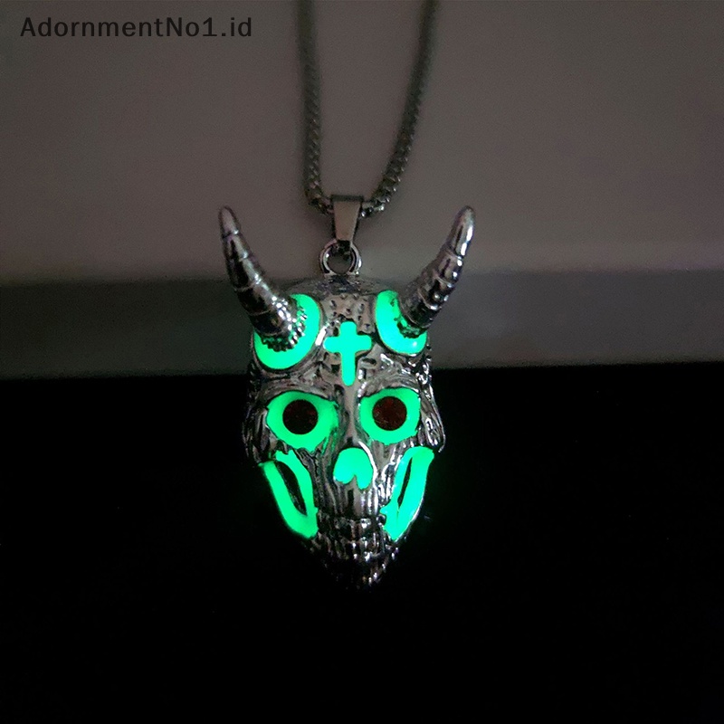 [AdornmentNo1] Luminous Ram tengkorak liontin setan kambing kepala kalung Vintage rantai leher Halloween perhiasan aksesoris untuk pria hadiah pacar