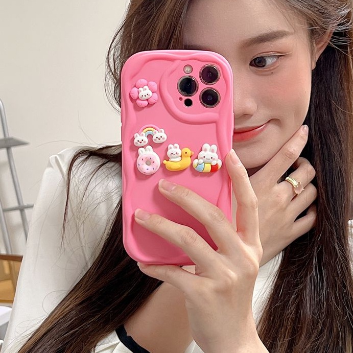 Macaron Pink Wave Rainbow Bunny Soft Silicon Case HP iP iPhone 6 6S 7 8 14 + Plus SE 2020 2022 X XS XR 11 12 13 Pro Max Girl Woman Casing