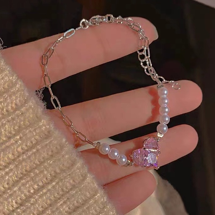 Fashion mutiara rantai Pink batu permata hati gelang untuk wanita aksesoris perhiasan