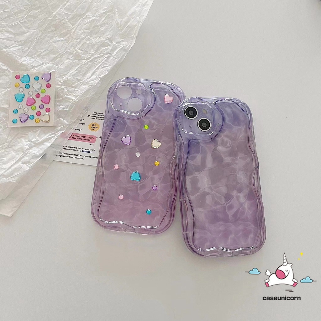 IPHONE Casing Tepi Melengkung Bergelombang Gradasi Ungu Pink 3D Sederhana Kompatibel Untuk Iphone11 13 7Plus XR 14 12 Pro Max X8 6 7 6s Plus XS Max SE 2020art Casing Riak Air Dengan Stiker Berlian