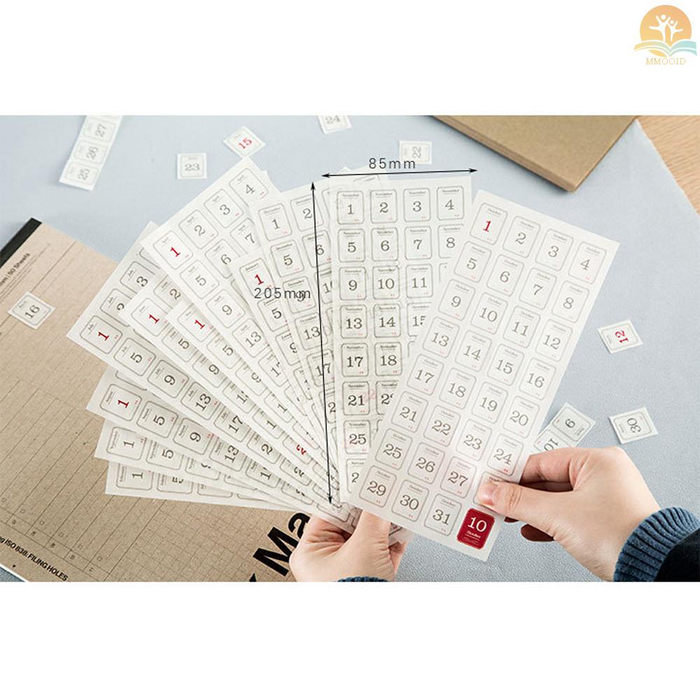 In Stock 12lembar/Set Calender Sticker Paket Harian 12bulan 365hari Label Stiker Untuk Kerajinan DIY Scrapbooking Jurnal Notebook Dekorasi Janjian Daily Planner