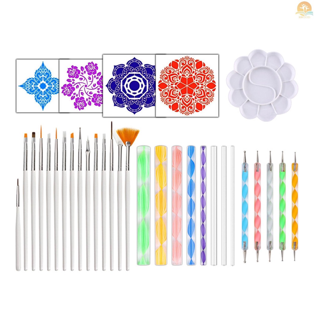 In Stock 33pcs Mandala Dotting Tools Set Dengan Stensil Palet Cat Kuas Bola Stylus Pen Untuk Melukis Batu Kuku Mewarnai Kanvas Gambar Seni