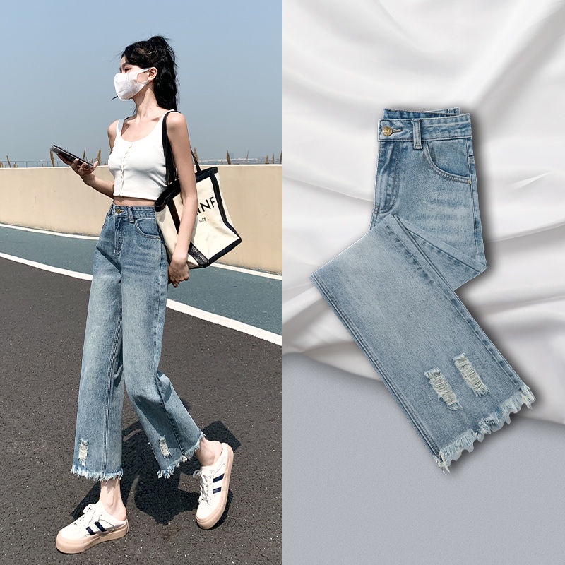 Jeans Robek Pinggang Tinggi Wanita