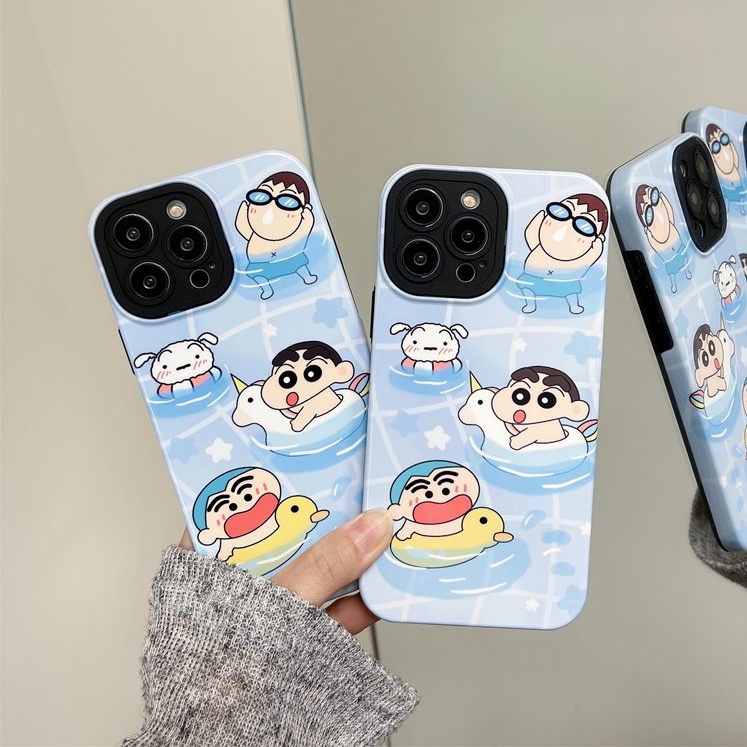 Lovely Swimming Crayon Shin-chan Hard Plastic Case HP iP iPhone 12 13 14 Pro Max 11 FTD Casing Apple