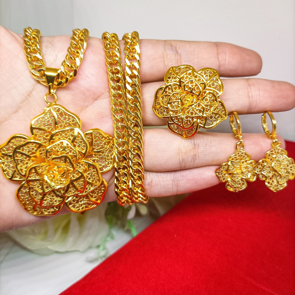 satu set ear studs+gelang+liontin+cincin kendari gold 24K hadiah perhiasan Hadiah Pernikahan pengant