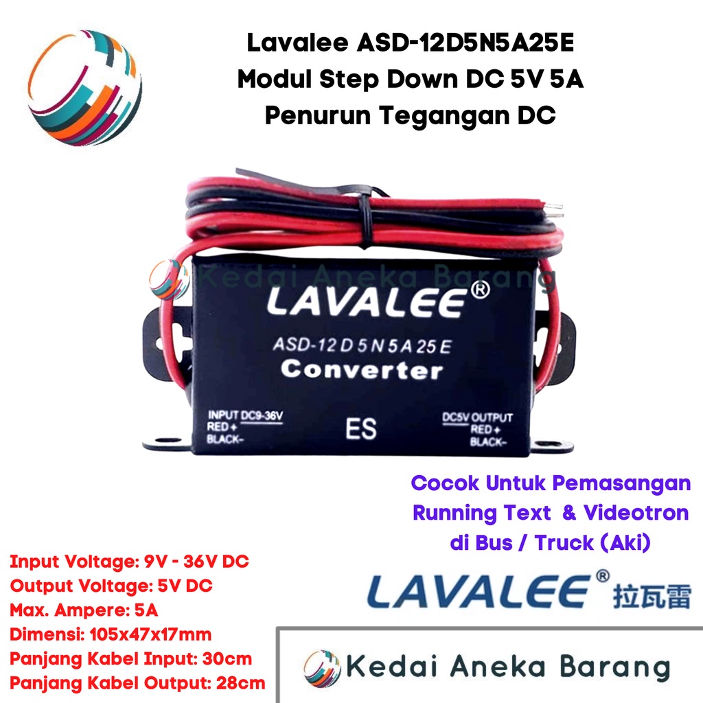 LAVALEE DC Buck Converter 9V-36V 36V 24V 12V Step Down 5V 5A Stepdown Trafo Travo Aki Mobil Bus Modu
