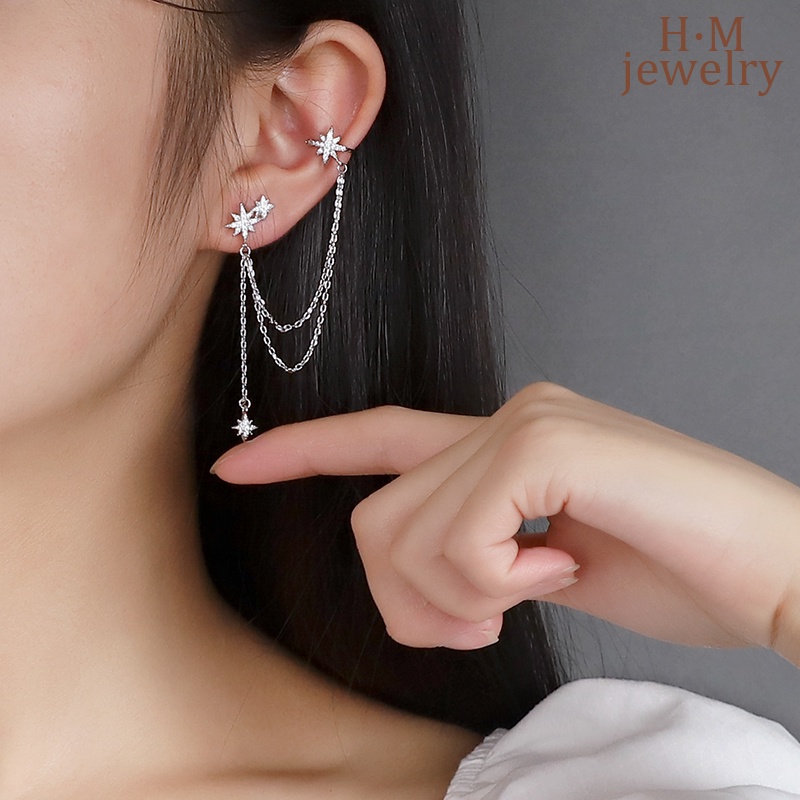 Anting Asimetris Perak S925 2023anting Rumbai Baru Klip Telinga Tanpa Tindik