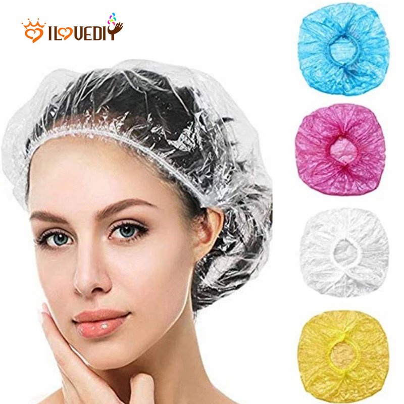 100pcs/lot Topi Mandi Bening Sekali Pakai Topi Mandi Spa Salon Rambut/Topi Mandi Rambut Anti Air Satu Waktu Produk Kamar Mandi/Topi Mandi Elastis Mandi Hotel Perjalanan Sekali Pakai