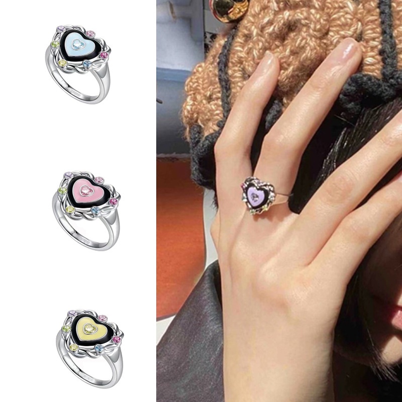 Cincin Pembukaan Geometris Hati Bahan Alloy Kristal Berlian Imitasi Fashion Untuk Wanita