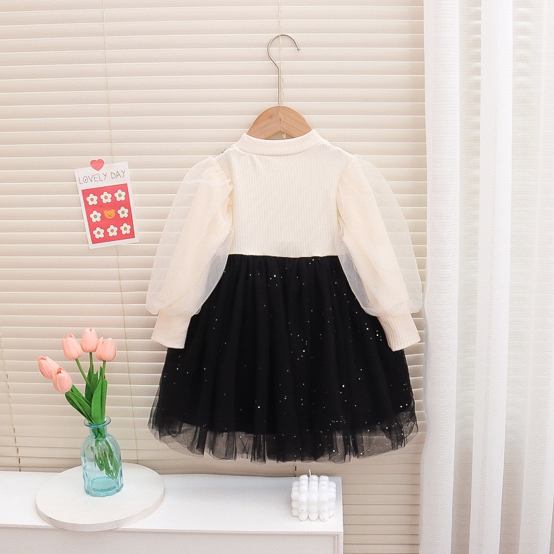 XM14 NEW Dress tutu lengan panjang anak perempuan motif dua pita simpul