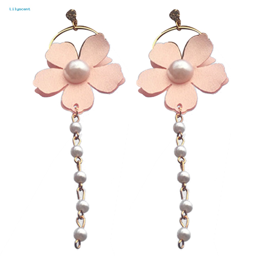 Lilyscent Fashion Wanita Sifon Bunga Mutiara Imitasi Lingkaran Panjang Menjuntai Stud Earrings Perhiasan