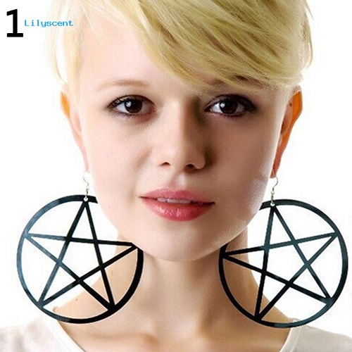 Lilyscent Punk Vintage Besar Berongga Pentacle Bulat Menjuntai Statement Earrings Ear Studs