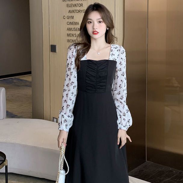 Dress Korea Vintage Lengan Panjang Bunga Two Tone