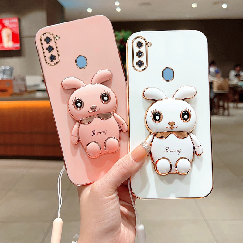 Andyh Case Ponsel Untuk Samsung Galaxy A11 M11 Lucu Kartun Kelinci Kecil Tepi Lurus Shell Lembut Mengirim lanyard Silikon