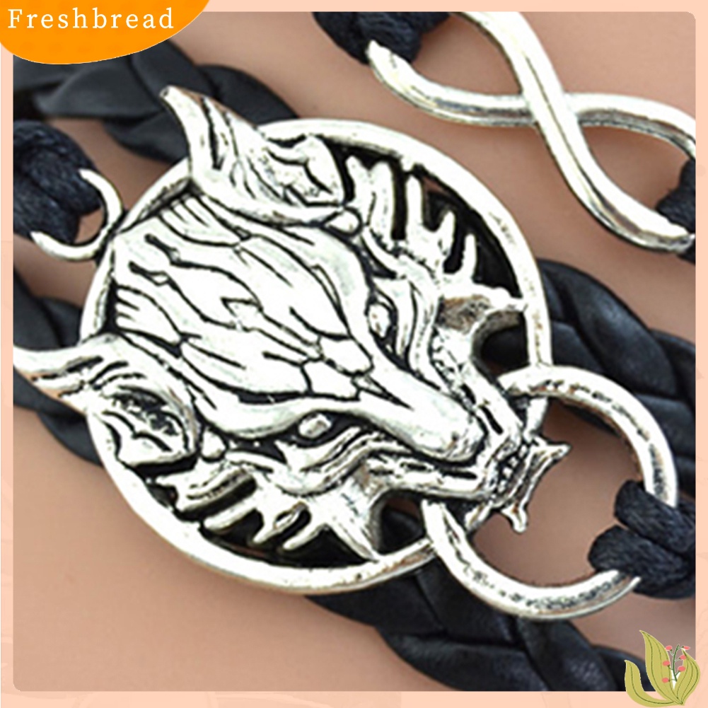 &lt; Freshbread &gt; Wanita Retro Serigala Kepala Pesona Tak Terbatas Dikepang Kulit Imitasi Gelang Tali Lilin