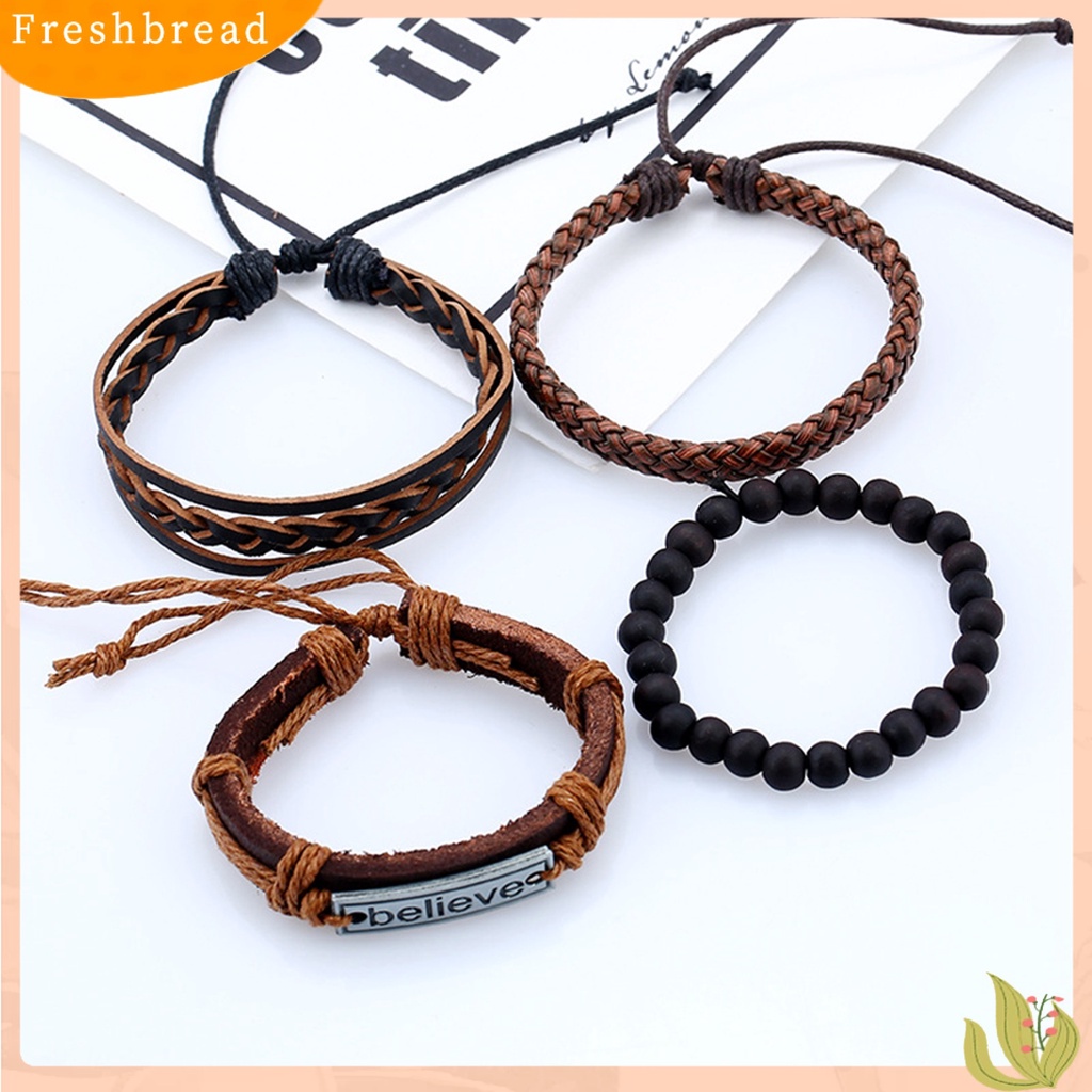 &lt; Freshbread &gt; 4Pcs/Set Pria Fashion Adjustable Kulit Imitasi Tali Dikepang Percaya Huruf Gelang Manik-Manik