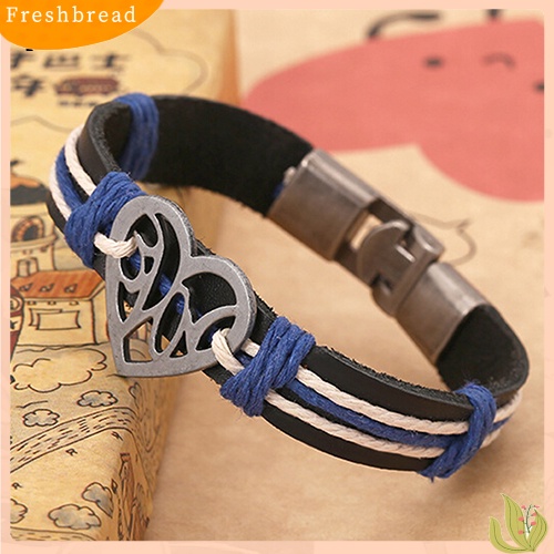 &lt; Freshbread &gt; Pasangan Kekasih Berongga Cinta Hati Rajutan Kulit Bangle Alloy Cuff Buckle Bracelet