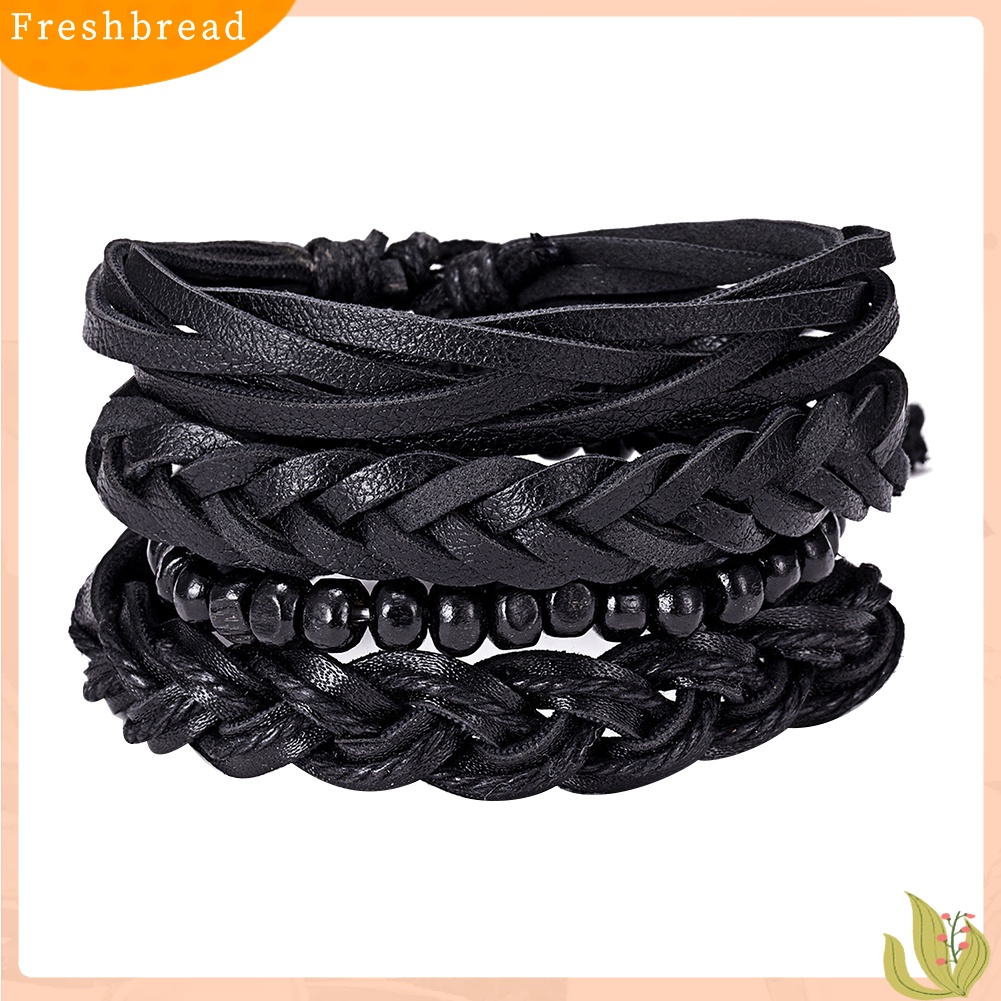 &lt; Freshbread &gt; 4Pcs/Set Vintage Pria Gaya Campur Braided Faux Leather Beaded Bracelet Bangle