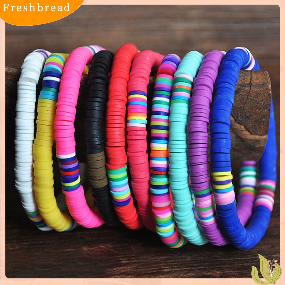 &lt; Freshbread &gt; 5/7Pcs Wanita Boho Rainbow Polymer Clay String Beads Gelang Gelang Bangle