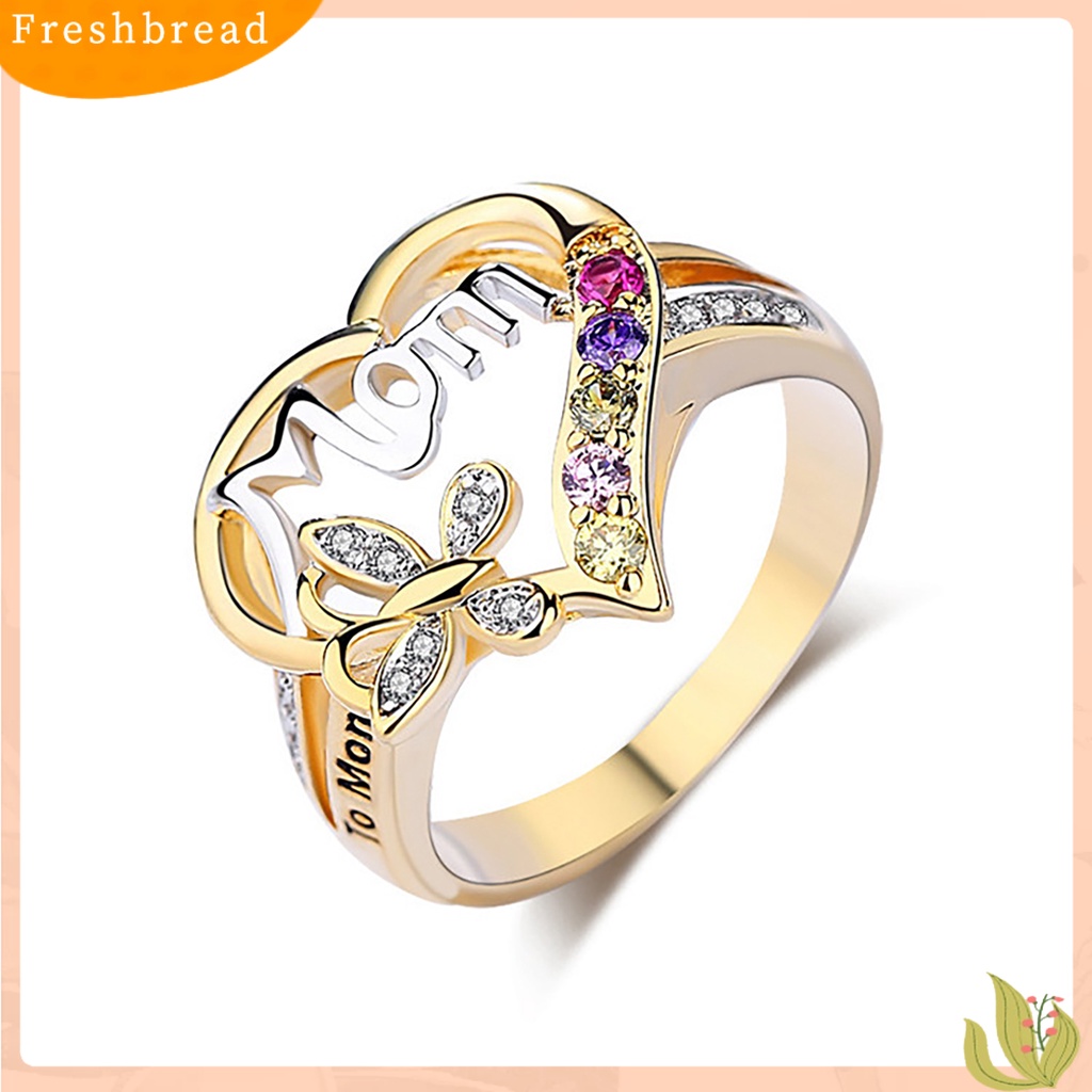 &lt; Freshbread &gt; Wanita Cubic Zirconia Romantis Bentuk Hati Ibu Surat Cincin Perhiasan Aksesori