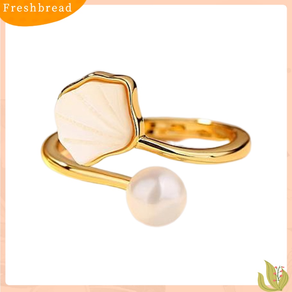 &lt; Freshbread &gt; Wanita Cincin Buatan Mutiara Bentuk Kerang Adjustable Terbuka Vintage Hias Luster Halus Tepi Buku Jari Cincin Untuk Prom