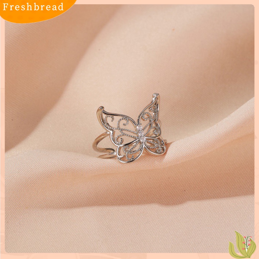 &lt; Freshbread &gt; Fashion Wanita Berongga Kupu-Kupu Berlian Imitasi Pembukaan Lebar Jari Cincin Perhiasan Pesta