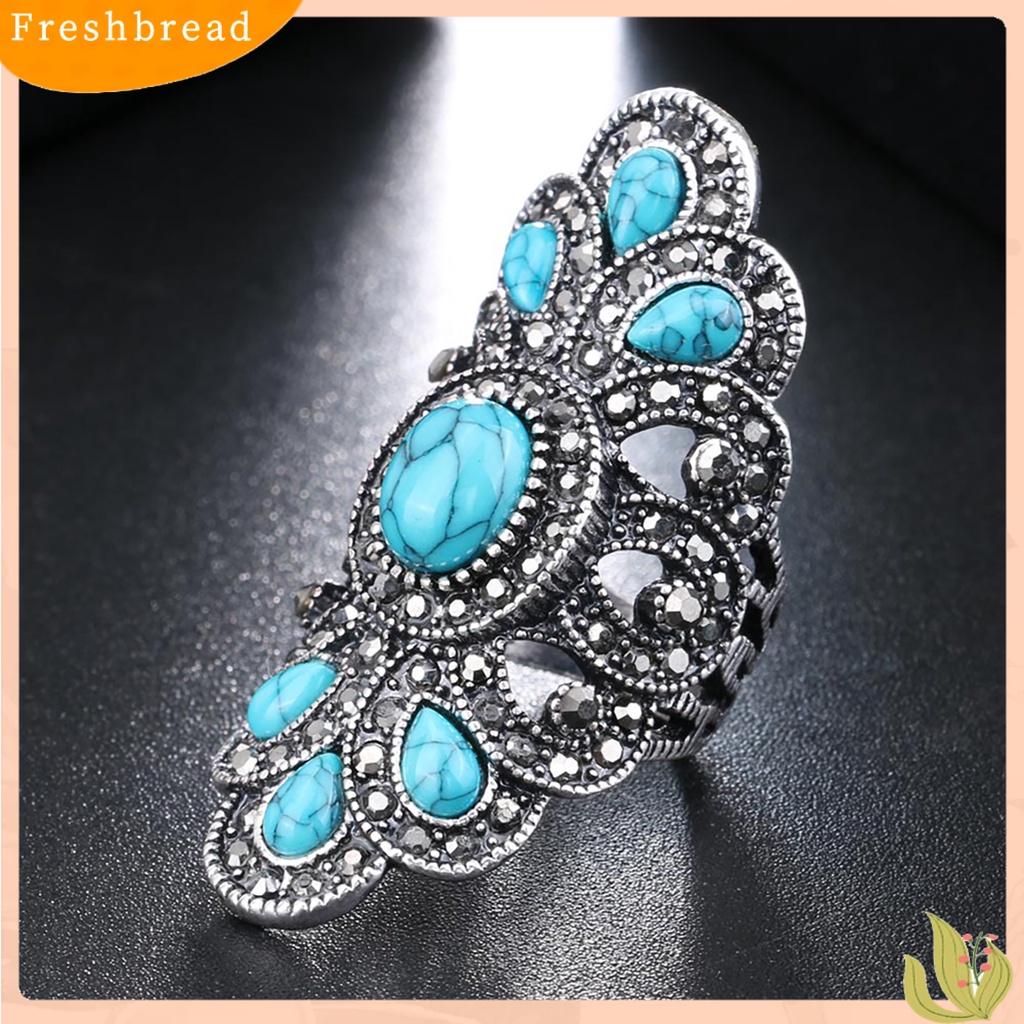 &lt; Freshbread &gt; Vintage Bertatahkan Pirus Berlian Imitasi Jari Cincin Berongga Pesta Simetris Perhiasan