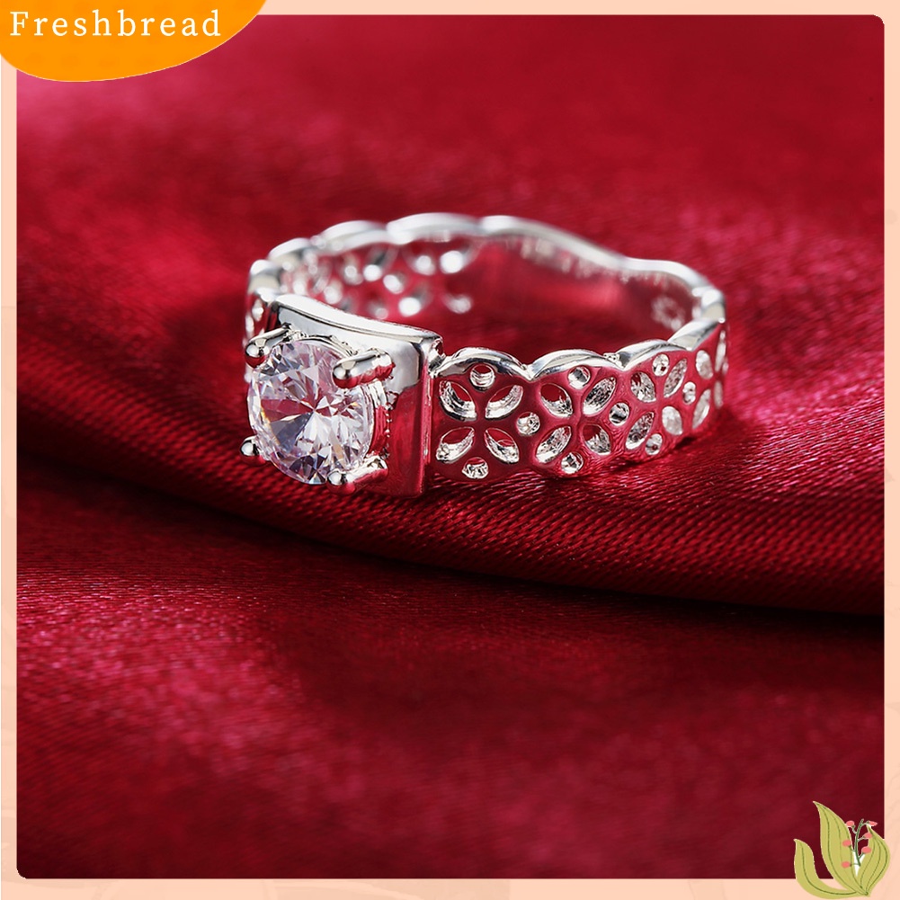 &lt; Freshbread &gt; Vintage Wanita Berongga Bunga Berlian Imitasi Perak Disepuh Jari Cincin Perhiasan Pernikahan