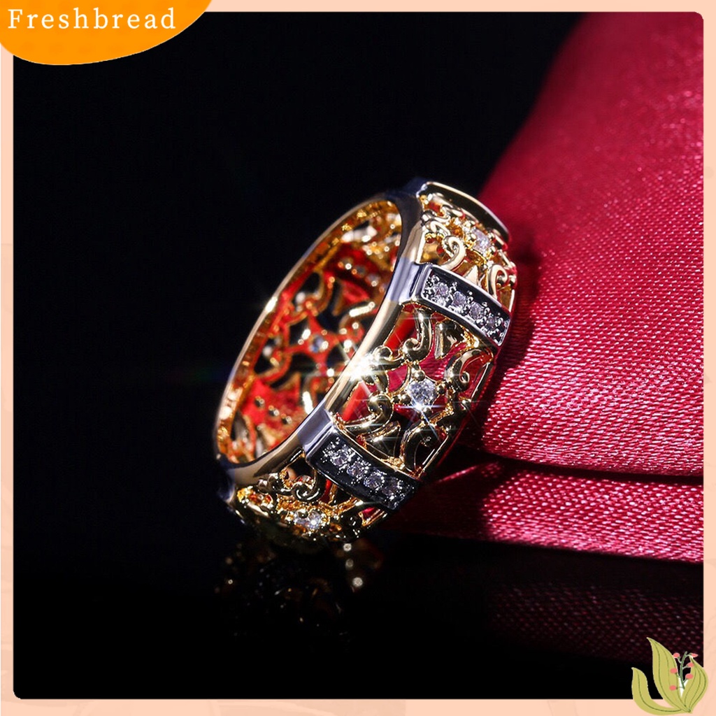 &lt; Freshbread &gt; Wanita Cincin Gaya Vintage Berongga Ukiran Dua Warna Kuno Bling Cubic Zirconia Ladies Finger Ring Fashion Jewelry