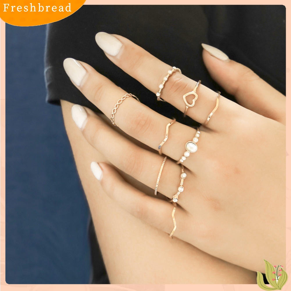 < Freshbread > 9Pcs/Set Wanita Berongga Hati Bentuk Gelombang Mutiara Imitasi Jari Cincin Pesta Perhiasan Hadiah