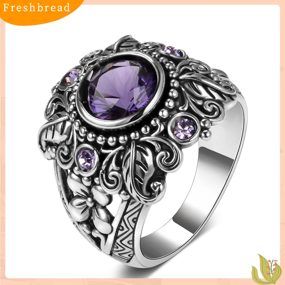 &lt; Freshbread &gt; Vintage Bulat Faux Amethyst Hias Ukir Bunga Wanita Jari Cincin Perhiasan Hadiah