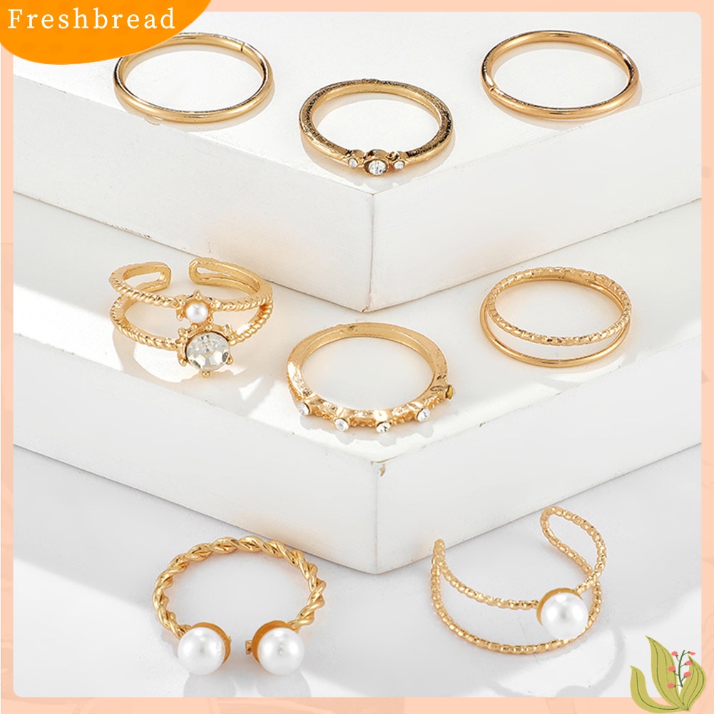 &lt; Freshbread &gt; 5/8Pcs Bohemian Wanita Mutiara Imitasi Berlian Imitasi Cincin Jari Terbuka Perhiasan Yang Dapat Disesuaikan