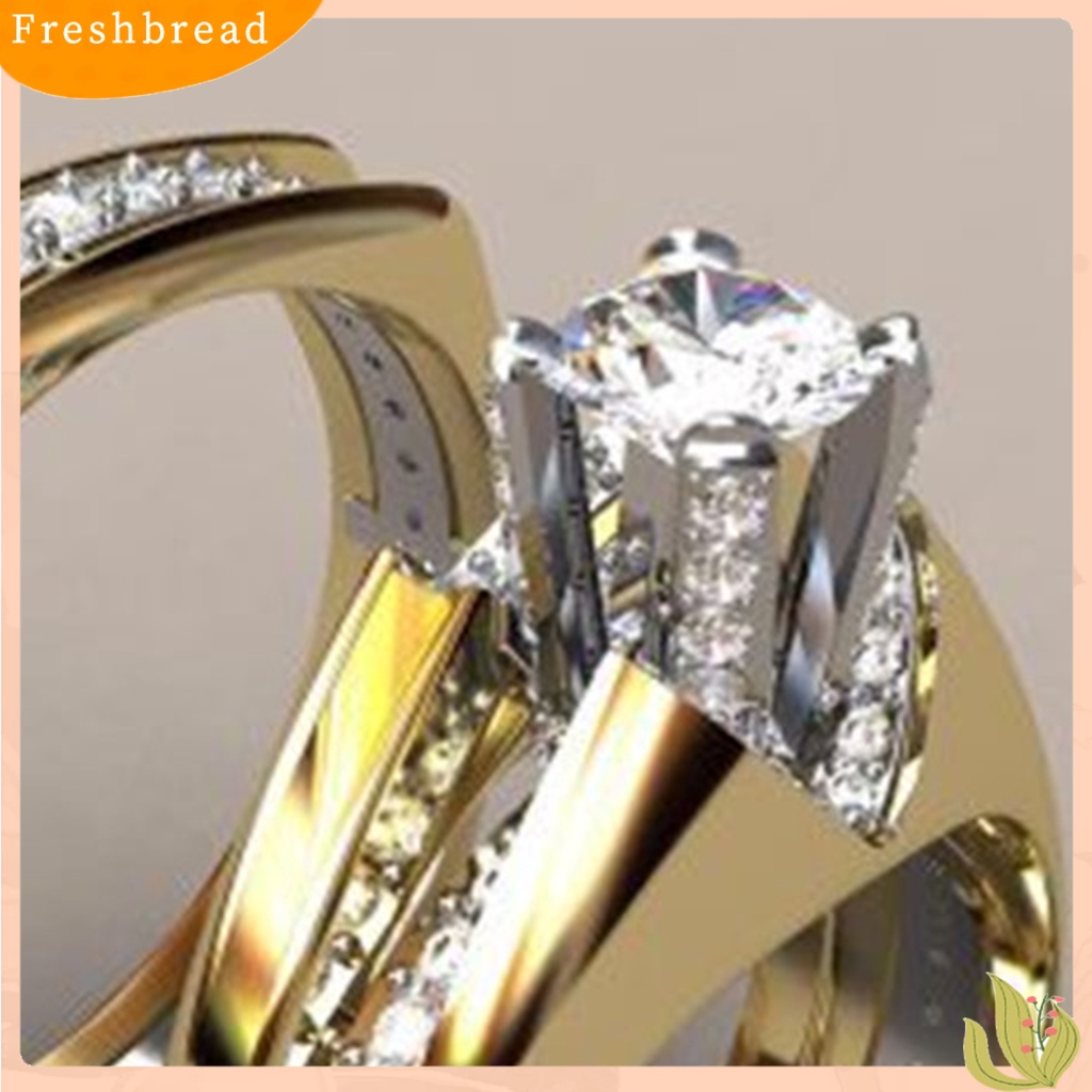 &lt; Freshbread &gt; 2Pcs Wanita Cincin Duawarna Berlapis Emas Mengkilap Geometris Berkilau Dekorasi Hadiah Cubic Zirconia Hias Pernikahan Pertunangan Rings Perhiasan Untuk Pacar